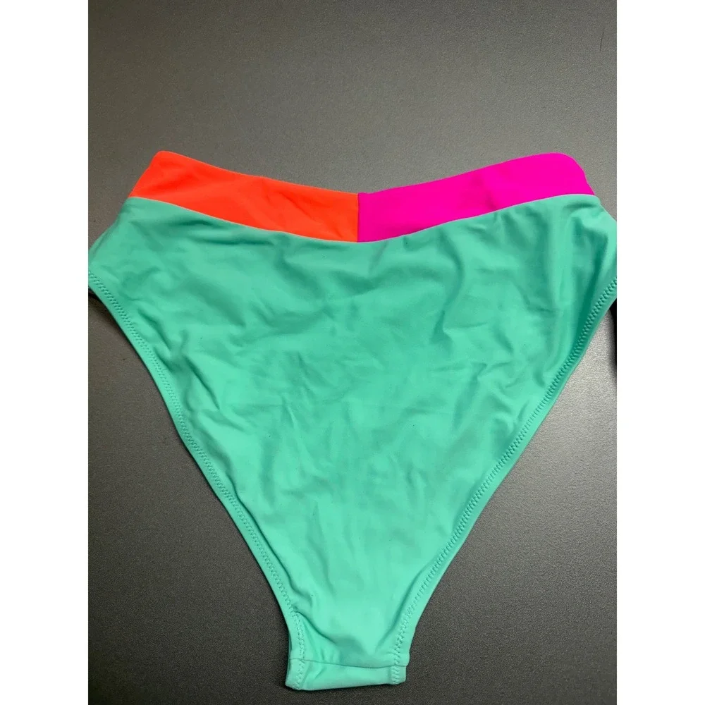 Popvil Neon Color Block High Waisted Bikini‎ Set Pink Orange Mint Green Medium